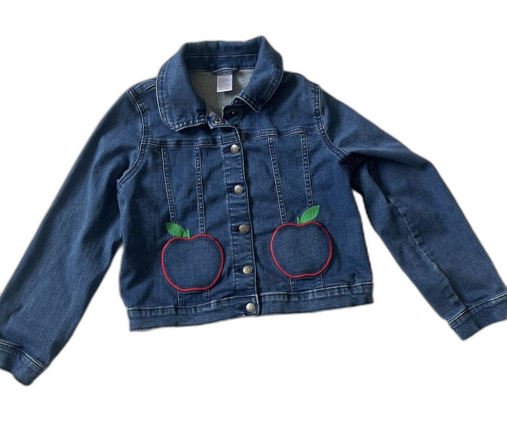 Gymboree Girls 10 Denim Jean Jacket Blue Snap Front Embroidered Apple Pockets